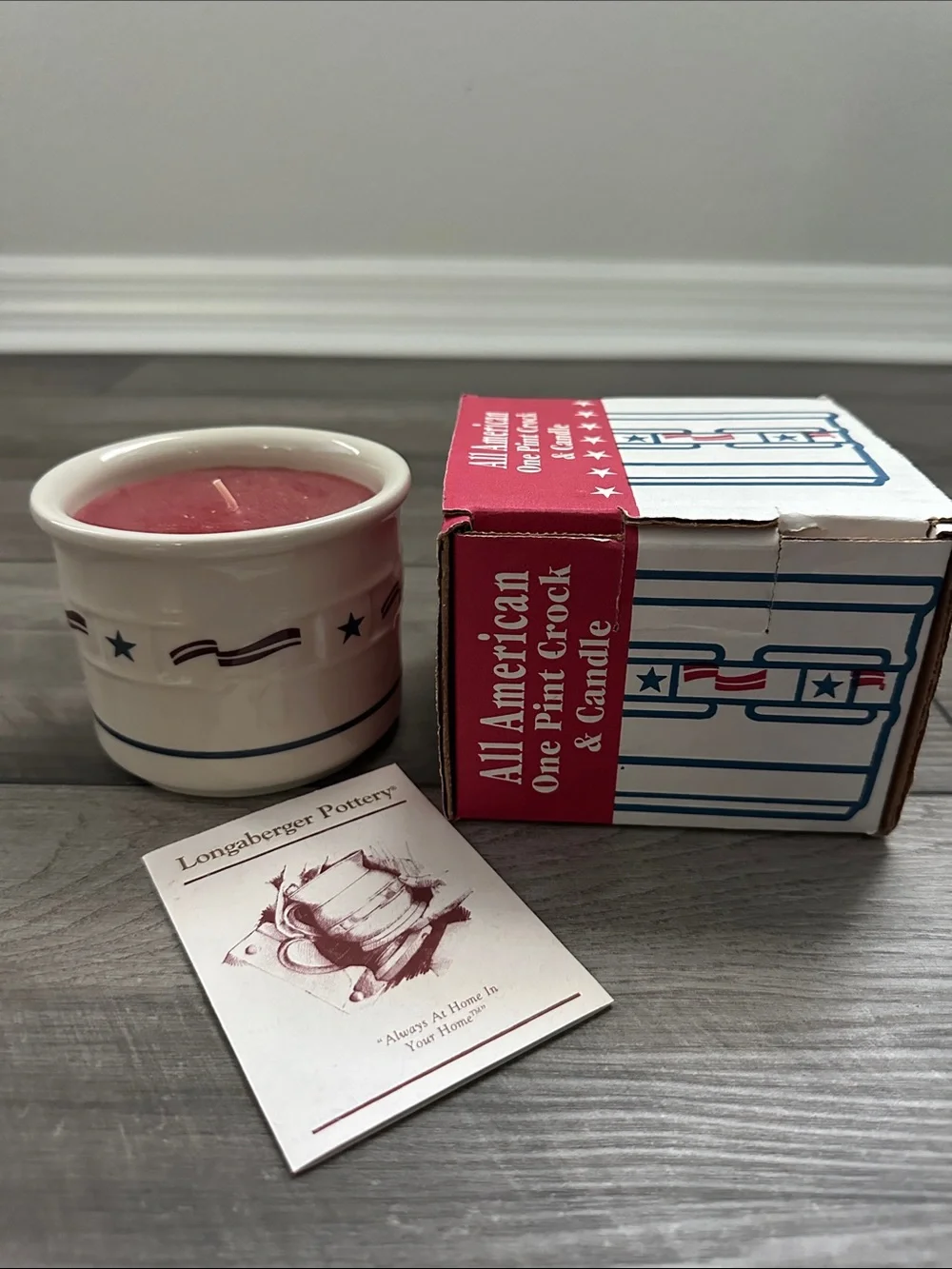 Longaberger Red, Blue and Cream Patriotic Pottery Crock and Candle - 2000